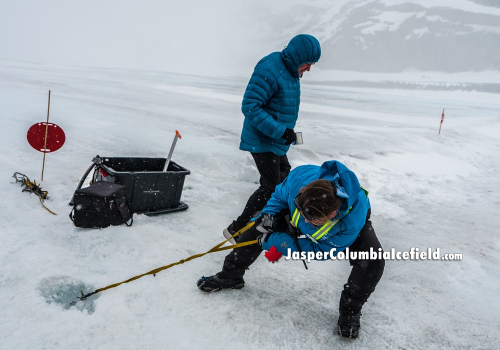 Guide Testing Ice Pick on Athabasca Glacier